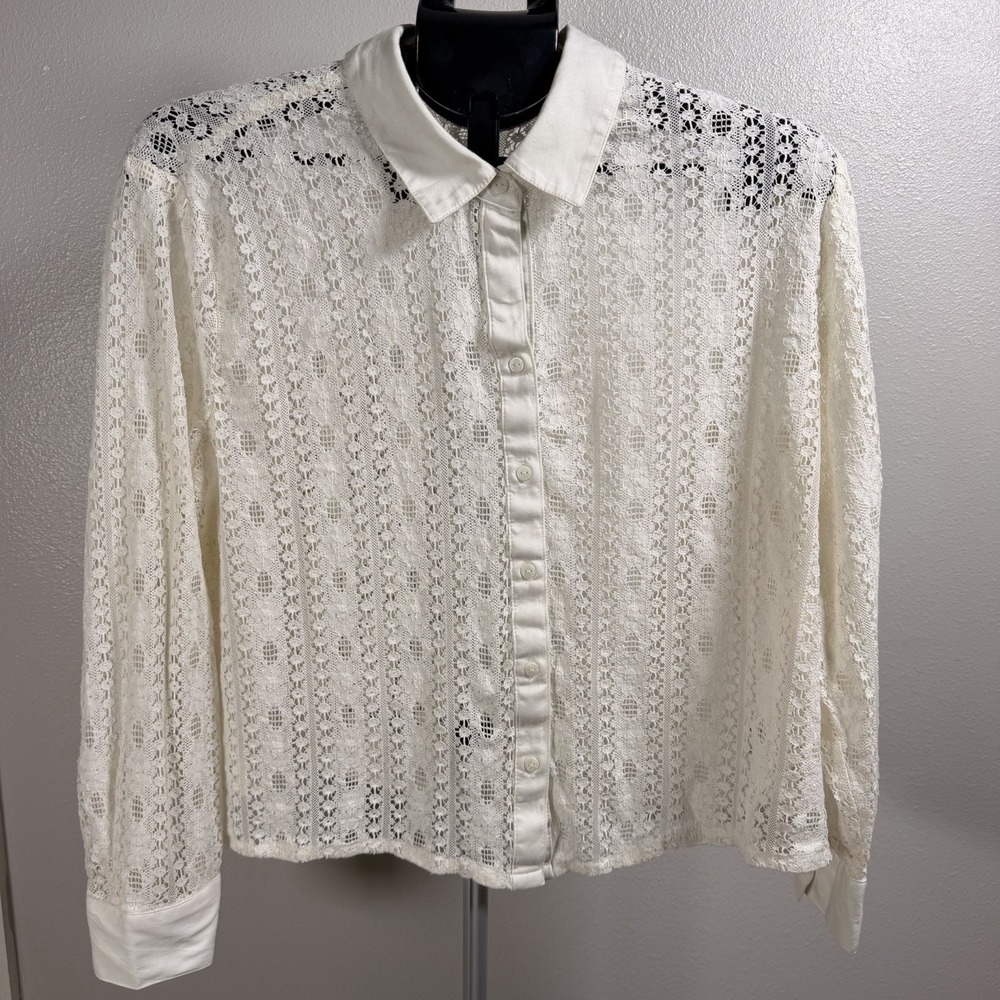 Old Navy Women XL Petite Cream Blouse White Top Long sleeve Beaded Detail Shirt